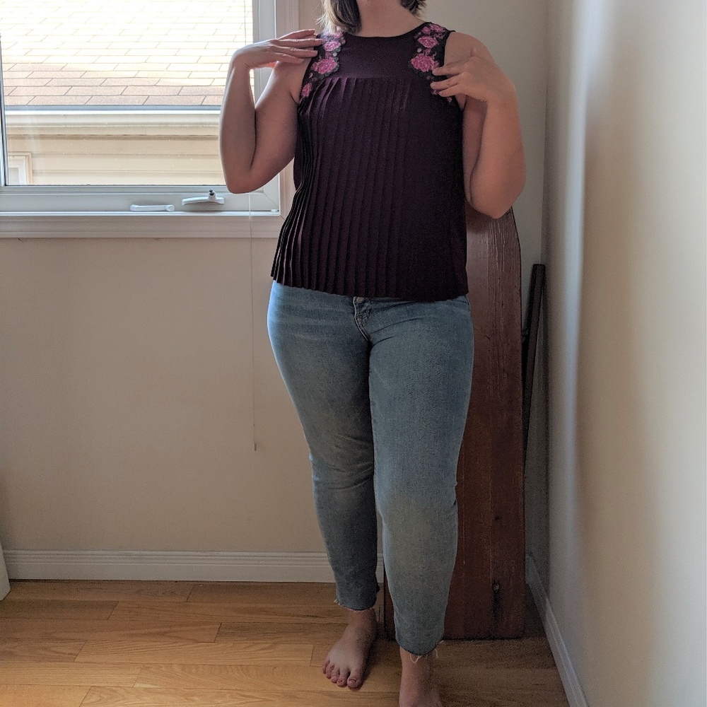 Burgundy embroidered ruffle blouse